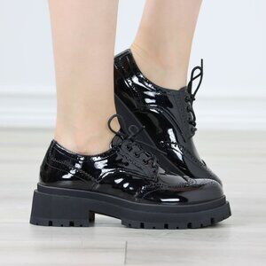 Oxford Brogues Shoes Platform Lace Up Round Toe Patent Leather Casual
